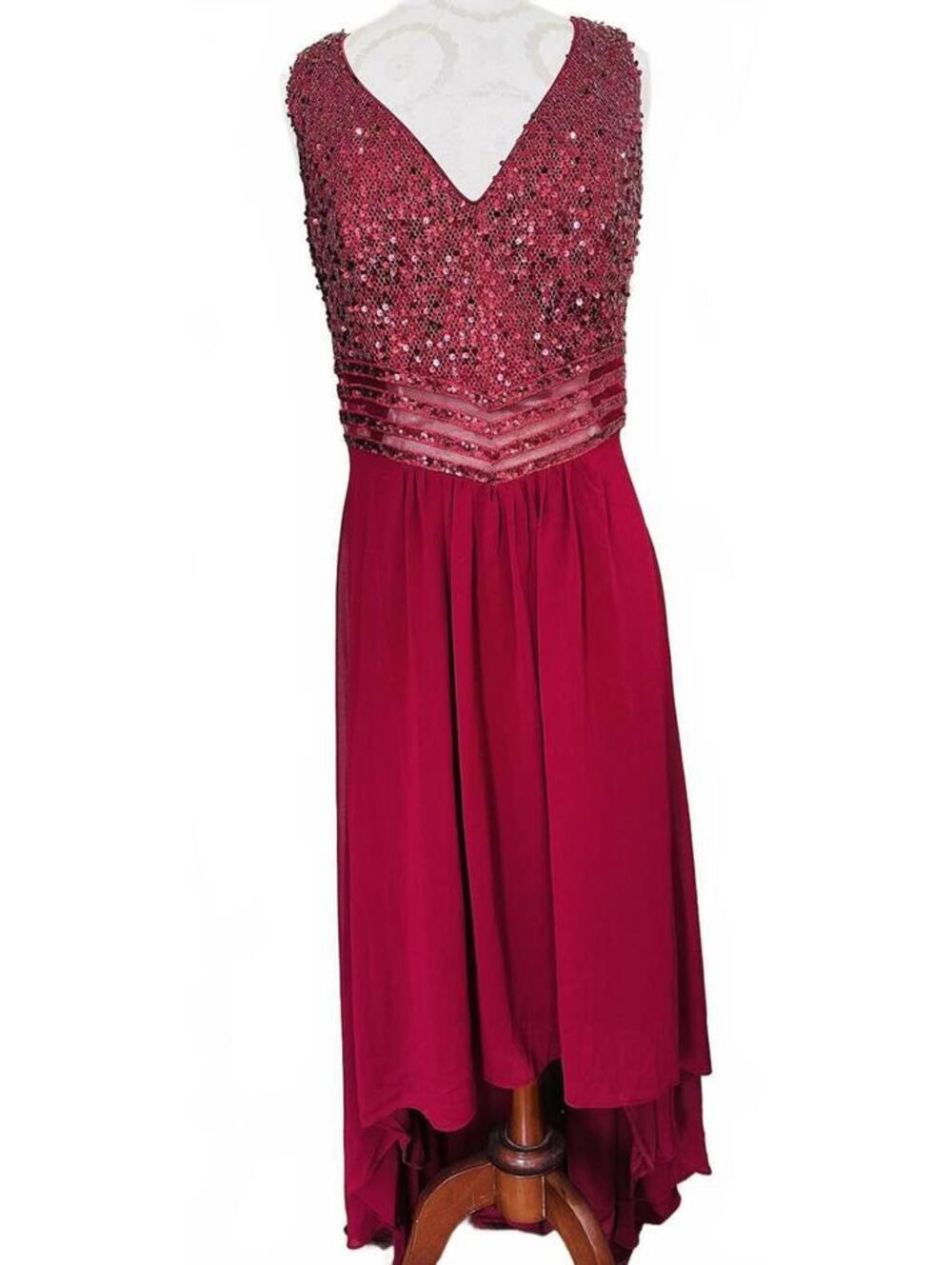 Ever Pretty Elegant Burgundy Sequin Evening Dress with V-Neck Size 2X